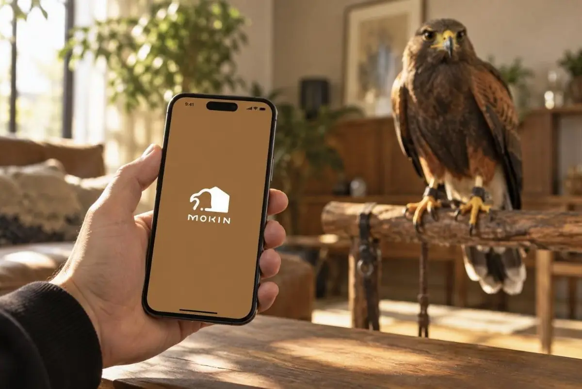 MOKINアプリの起動画面を表示したスマートフォンと止まり木のハリスホーク